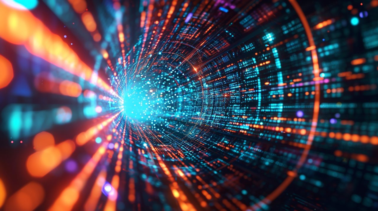 An abstract representation of digital transformation, where virtual data flows and AI elements converge to create a transformative user experience The image captures the essence of digital evol